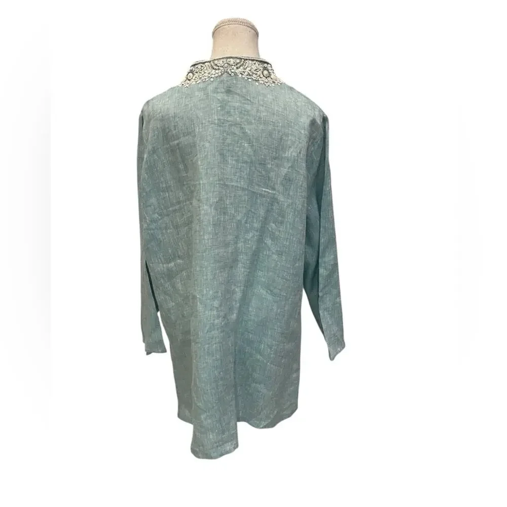 Lafayette 148 Womens Blue White beaded Long sleeve blouse size 18 - Picture 9 of 10